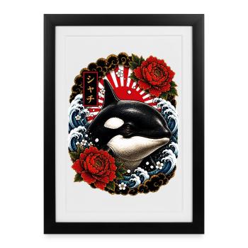 Orca im japanischen Irezumi Tattoo Stil - Gerahmtes Poster (27 × 37 cm) - Schwarz - Vorne