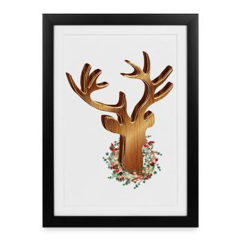 Tête de cerf en bois look avec couronne de Noël - Affiche encadrée (27 × 37 cm) - noir - Devant