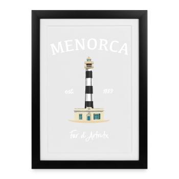 Minorque, Îles Baléares, dessin Leuchtturmd’Artrutx - Affiche encadrée (27 × 37 cm) - noir - Devant