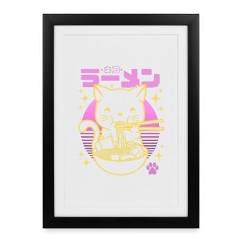 Néon rose sunset - Chat doré Ramen - Affiche encadrée (27 × 37 cm) - noir - Devant