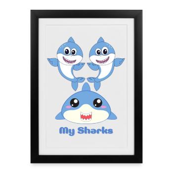 Adorable Shark Friends Cartoon Design - Affiche encadrée (27 × 37 cm) - noir - Devant