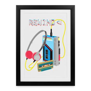 Conception de cassette de rembobinage de musique rétro - Affiche encadrée (27 × 37 cm) - noir - Devant