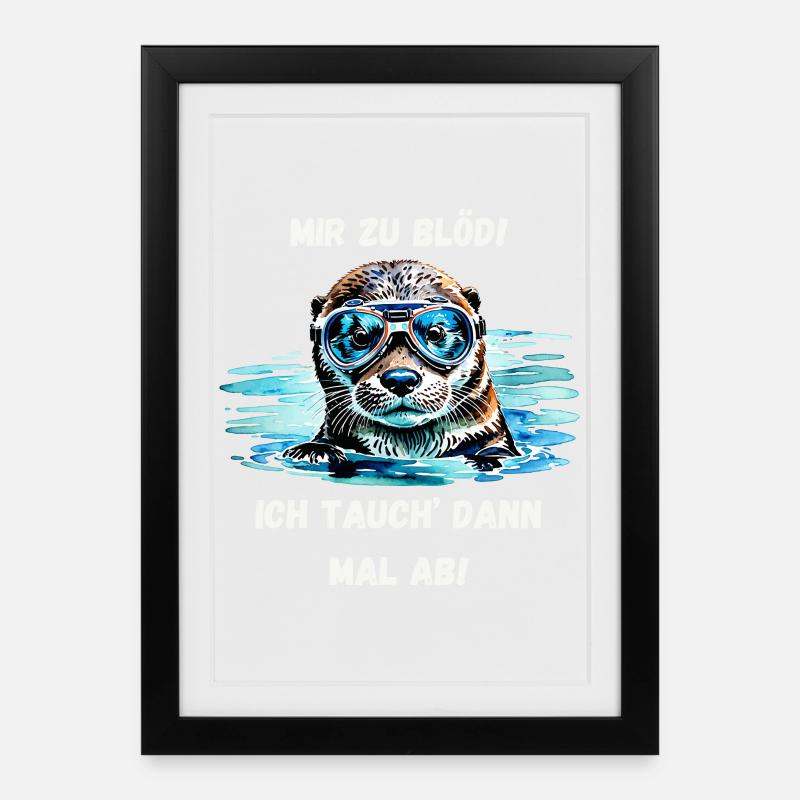Abtauchender Otter – Aquarell mit Spruch - Gerahmtes Poster (27 × 37 cm) - Schwarz