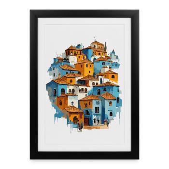 Village bleu avec tuiles orange - Affiche encadrée (27 × 37 cm) - noir - Devant