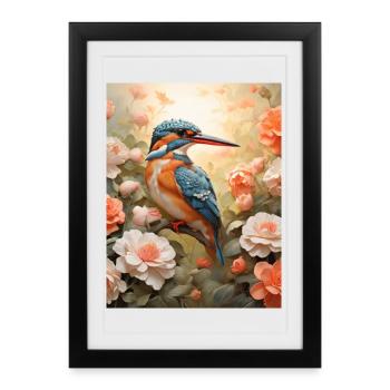 Martin-pêcheur dans une mer de fleurs - Affiche encadrée (27 × 37 cm) - noir - Devant