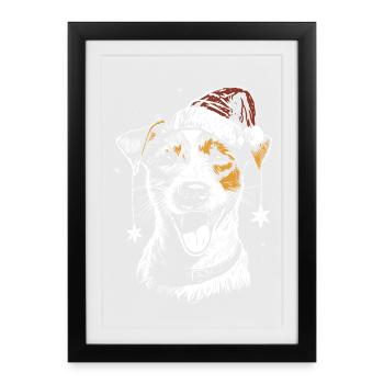 Jack Russell Terrier avec chapeau de Père Noël et étoile - Affiche encadrée (27 × 37 cm) - noir - Devant