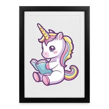 Cute Unicorn Cartoon Reading a Book - Framed poster (27 × 37 cm) - black - Front