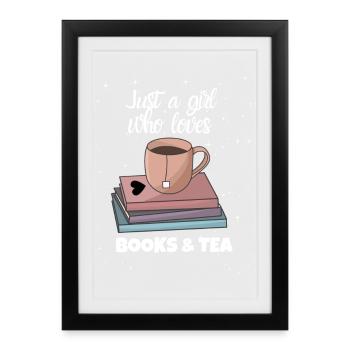 Bücher und Tee - Gerahmtes Poster (27 × 37 cm) - Schwarz - Vorne