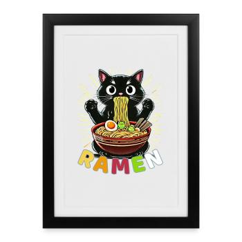 Funny Ramen Cat - Dessin animé de nouilles mignonnes - Affiche encadrée (27 × 37 cm) - noir - Devant