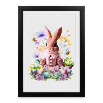Un lapin rose pastel dans une mer de fleurs - Affiche encadrée (27 × 37 cm) - noir - Devant