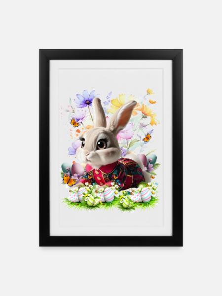 Osterhase im Blumenfeld - Gerahmtes Poster (27 × 37 cm) - Schwarz