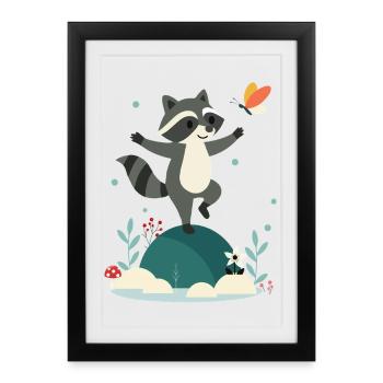 Playful dancing raccoon with butterfly - Framed poster (27 × 37 cm) - black - Front