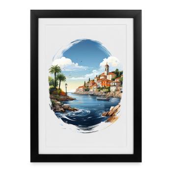 Sea view with coastal town and palm tree - Framed poster (27 × 37 cm) - black - Front