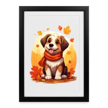 Chien en automne - Affiche encadrée (27 × 37 cm) - noir - Devant