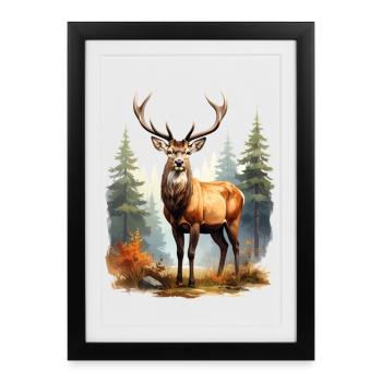 Majestätischer Hirsch im Herbstwald - Gerahmtes Poster (27 × 37 cm) - Schwarz - Vorne