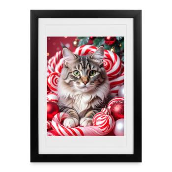 Chat de Noël entre des couronnes de bonbons - Affiche encadrée (27 × 37 cm) - noir - Devant