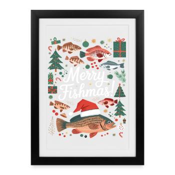 Pêcheur Pull de Noël Poisson Joyeux Poisson - Affiche encadrée (27 × 37 cm) - noir - Devant