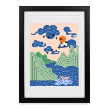 Korean Art Design with Cranes & Origami Boat - Framed poster (27 × 37 cm) - black - Front
