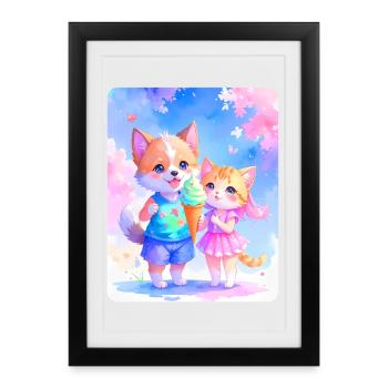 Toutou, chaton et crème glacée - Affiche encadrée (27 × 37 cm) - noir - Devant