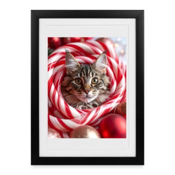 Chat de Noël entre des bâtonnets de bonbons - Affiche encadrée (27 × 37 cm) - noir - Devant