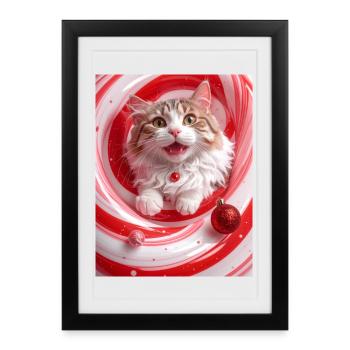 Chat de Noël dans un tourbillon de menthe poivrée rouge - Affiche encadrée (27 × 37 cm) - noir - Devant