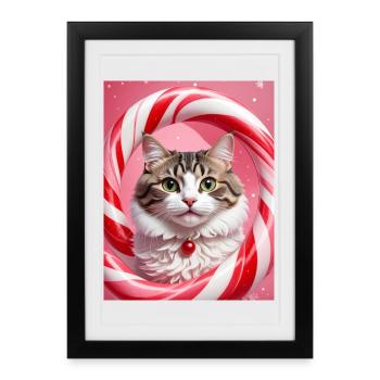 Chat de Noël en conception d’anneau de bonbons - Affiche encadrée (27 × 37 cm) - noir - Devant
