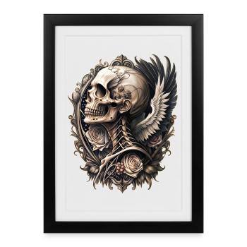 Tête de mort baroque ailes fleurs vintage gothique - Affiche encadrée (27 × 37 cm) - noir - Devant