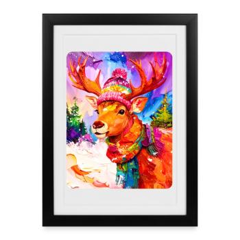 Renne avec chapeau à pompon - Affiche encadrée (27 × 37 cm) - noir - Devant