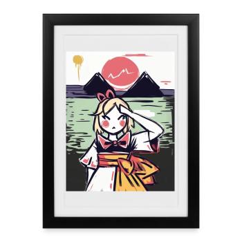Fille japonaise avec le soleil, la mer et les montagnes - Affiche encadrée (27 × 37 cm) - noir - Devant