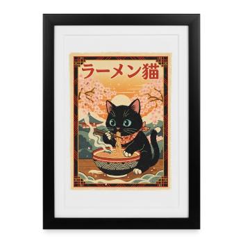 Black Cat Ramen Style Vintage Japonais - Affiche encadrée (27 × 37 cm) - noir - Devant