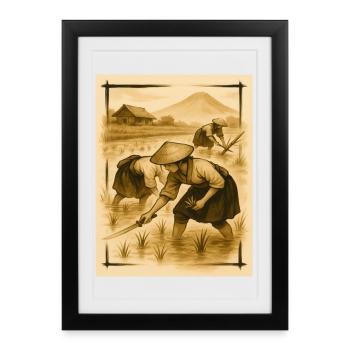 Field, rice and farmers, rice cultivation at dawn - Framed poster (27 × 37 cm) - black - Front