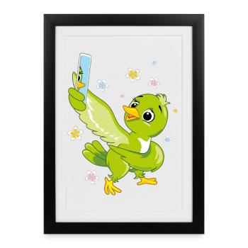 Un joli oiseau vert prend un selfie - Affiche encadrée (27 × 37 cm) - noir - Devant