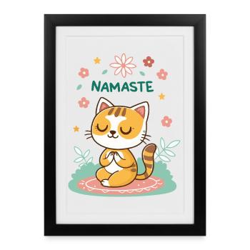 Chat Namaste Zen Fleurs Nature - Affiche encadrée (27 × 37 cm) - noir - Devant