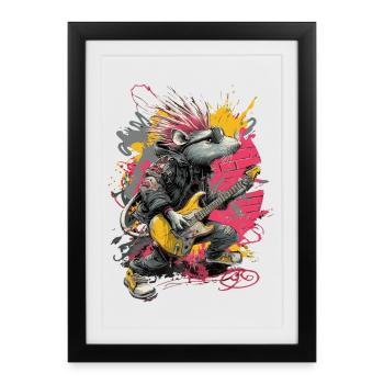Rat punk à la guitare – Art rock - Affiche encadrée (27 × 37 cm) - noir - Devant