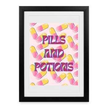 Motif rétro néon pilules et potions - Affiche encadrée (27 × 37 cm) - noir - Devant