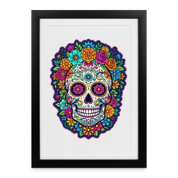 Tête de mort mexicaine sugar skull crâne fleurs - Affiche encadrée (27 × 37 cm) - noir - Devant