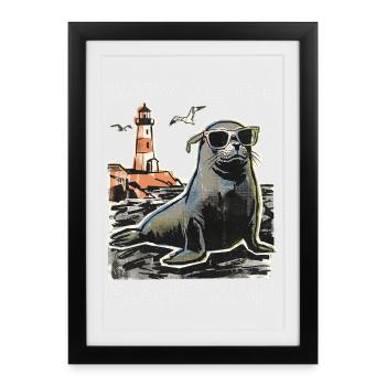 Funny seal looking for fish - Framed poster (27 × 37 cm) - black - Front