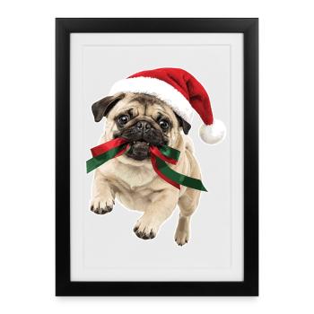 Verspielter Weihnachts Mops - Gerahmtes Poster (27 × 37 cm) - Schwarz - Vorne