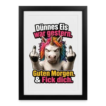 Einhorn Ohne Morgenlaune - Gerahmtes Poster (27 × 37 cm) - Schwarz - Vorne