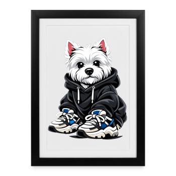 Cool Westie in Oversized Hoodie & Sneaker Design - Framed poster (27 × 37 cm) - black - Front