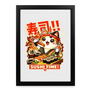 Kawaii Sushi Katze - Gerahmtes Poster (27 × 37 cm) - Schwarz - Vorne