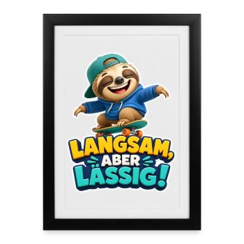 Faultier Skater Langsam aber lässig Spruch Cool - Gerahmtes Poster (27 × 37 cm) - Schwarz - Vorne