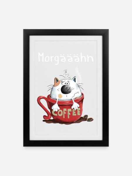Morgähn Kaffee - Katze - Comic - Gerahmtes Poster (27 × 37 cm) - Schwarz