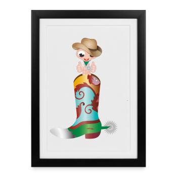 petit ver de terre comme cow-boy dans une botte occidentale - Affiche encadrée (27 × 37 cm) - noir - Devant