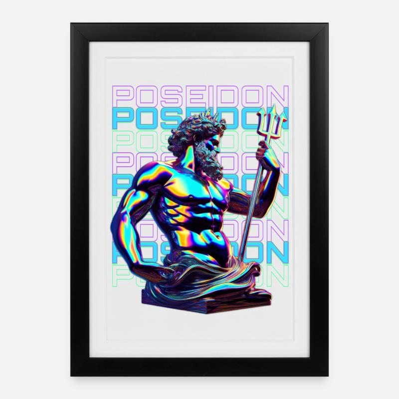 Neon Poseidon Trident - Gerahmtes Poster (27 × 37 cm) - Schwarz