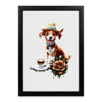 Un chien de dessin animé heureux portant un chapeau - Affiche encadrée (27 × 37 cm) - noir - Devant