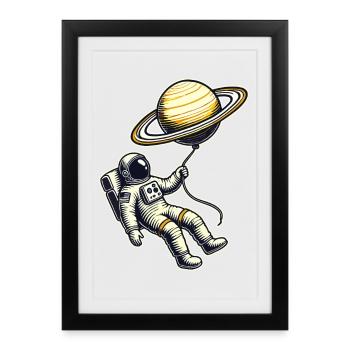 Floating with Saturn – Astronaut Balloon Design - Framed poster (27 × 37 cm) - black - Front