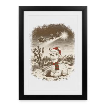 Mignon Alpaga de Noël + Père Noël + Traîneau à rennes - Affiche encadrée (27 × 37 cm) - noir - Devant