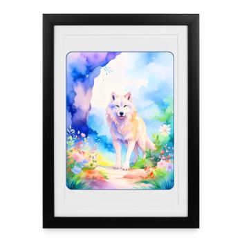 Loup blanc entouré de fleurs - Affiche encadrée (27 × 37 cm) - noir - Devant