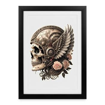 Tête de mort motard moto vintage ailes et fleurs - Affiche encadrée (27 × 37 cm) - noir - Devant